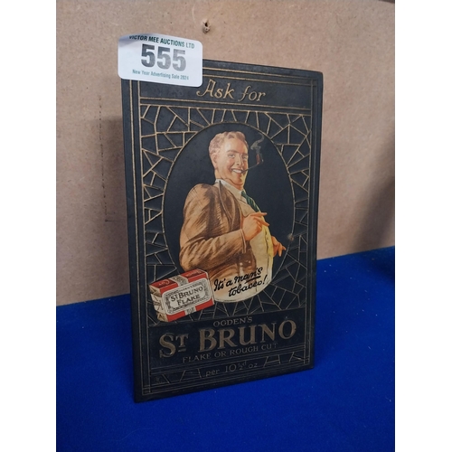 555 - Ask for St Bruno Flake tin plate counter advertising display. {20 cm H x 13 cm W}.