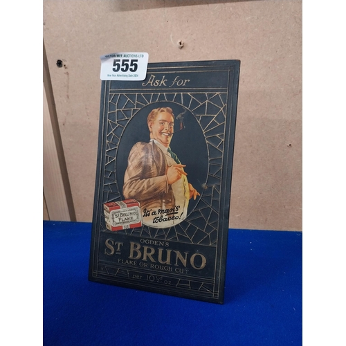 555 - Ask for St Bruno Flake tin plate counter advertising display. {20 cm H x 13 cm W}.