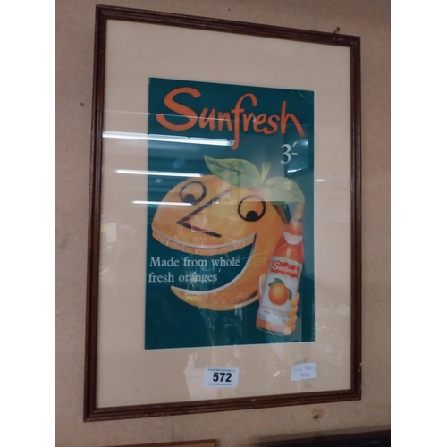 572 - Sunfresh Orange framed cardboard advertising showcard. {52 cm H x 36 cm D}