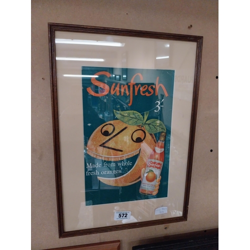 572 - Sunfresh Orange framed cardboard advertising showcard. {52 cm H x 36 cm D}