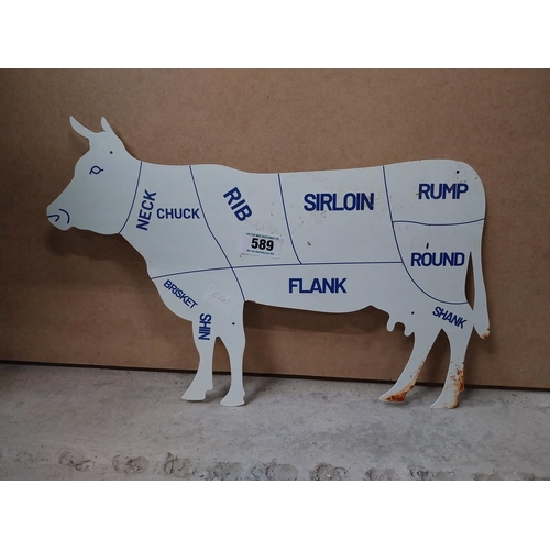 589 - Tin plate Butchers advertisement in the form of a Cow. {23 cm H x 49 cm W}.