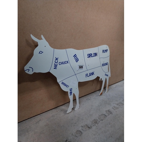 589 - Tin plate Butchers advertisement in the form of a Cow. {23 cm H x 49 cm W}.