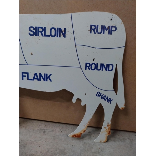 589 - Tin plate Butchers advertisement in the form of a Cow. {23 cm H x 49 cm W}.