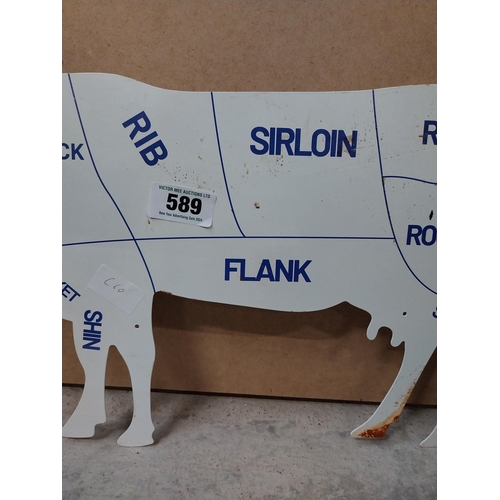 589 - Tin plate Butchers advertisement in the form of a Cow. {23 cm H x 49 cm W}.