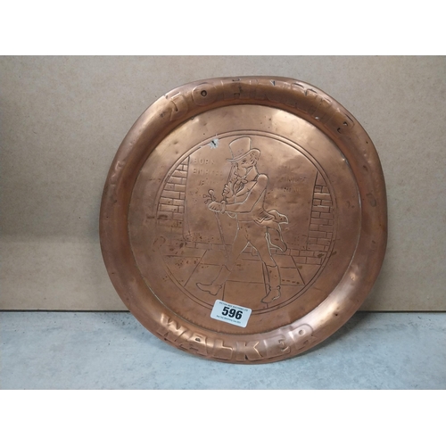 596 - Johnnie Walker Whiskey copper drinks tray. {34 cm Dia.}.