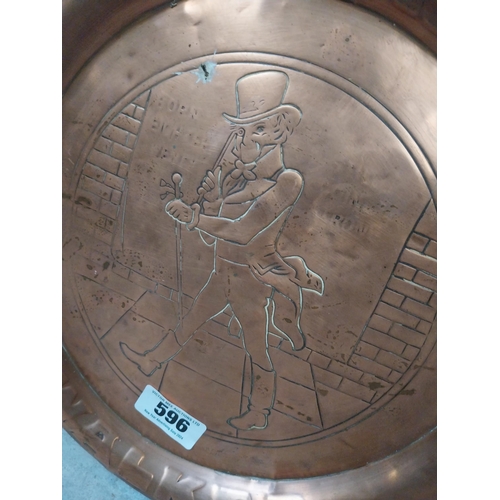 596 - Johnnie Walker Whiskey copper drinks tray. {34 cm Dia.}.