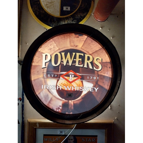 60 - Powers Irish Whiskey light up advertising sign in the form of barrel top. {57 cm Dia.}.