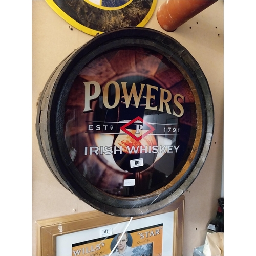 60 - Powers Irish Whiskey light up advertising sign in the form of barrel top. {57 cm Dia.}.