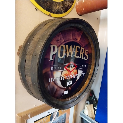 60 - Powers Irish Whiskey light up advertising sign in the form of barrel top. {57 cm Dia.}.