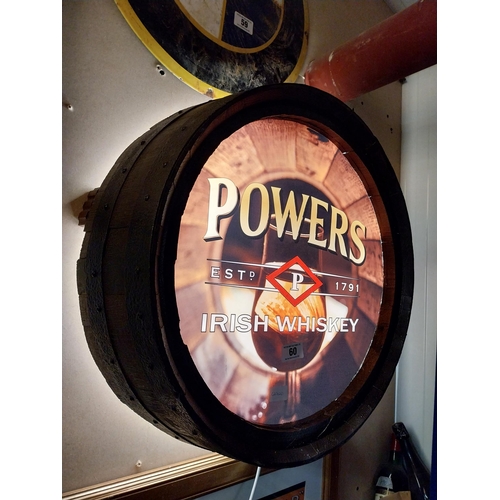 60 - Powers Irish Whiskey light up advertising sign in the form of barrel top. {57 cm Dia.}.