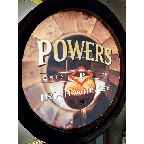 60 - Powers Irish Whiskey light up advertising sign in the form of barrel top. {57 cm Dia.}.