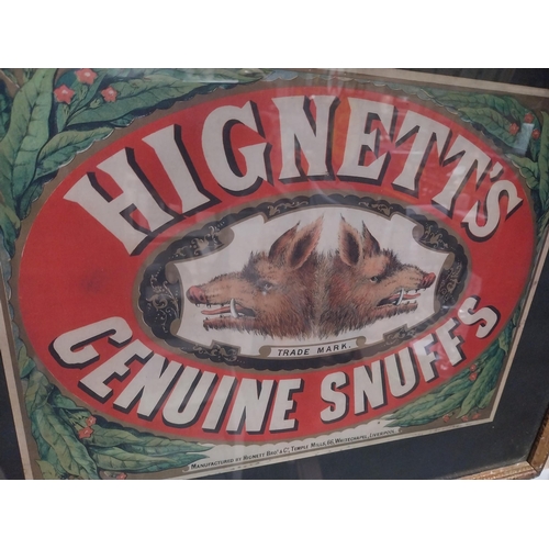 602 - Hignett's genuine snuff framed advertising showcard {46cm H x 56cm W}.