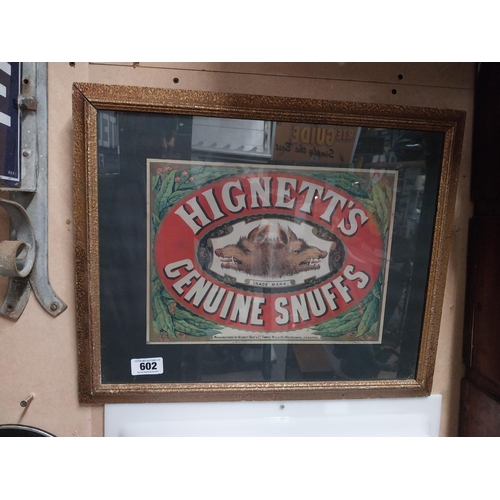 602 - Hignett's genuine snuff framed advertising showcard {46cm H x 56cm W}.