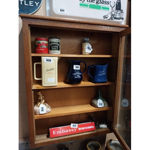 606 - 1970's oak wall display cabinet with single glazed door. {73 cm H x 61 cm W x 13 cm D}