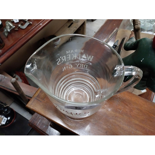 617 - Hiram Walker London Dry Gin glass advertising jug. {15 cm H x 20 cm W x 12 cm D}.