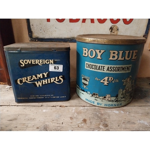 63 - Sovereign Creamy Whirls advertising tin {22 cm H  21 cm W x 14 cm W} and Boy Blue Chocolate Assortme... 