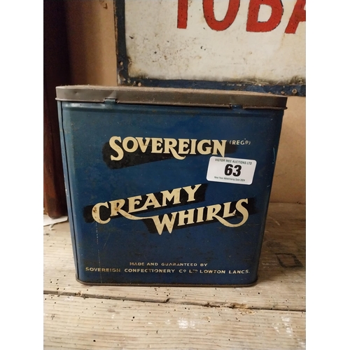 63 - Sovereign Creamy Whirls advertising tin {22 cm H  21 cm W x 14 cm W} and Boy Blue Chocolate Assortme... 