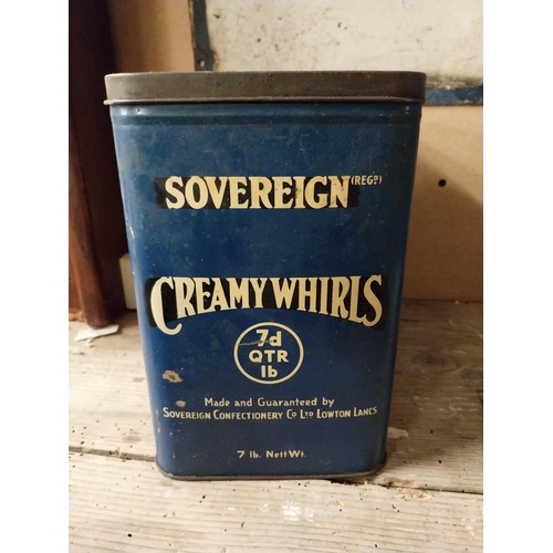 63 - Sovereign Creamy Whirls advertising tin {22 cm H  21 cm W x 14 cm W} and Boy Blue Chocolate Assortme... 