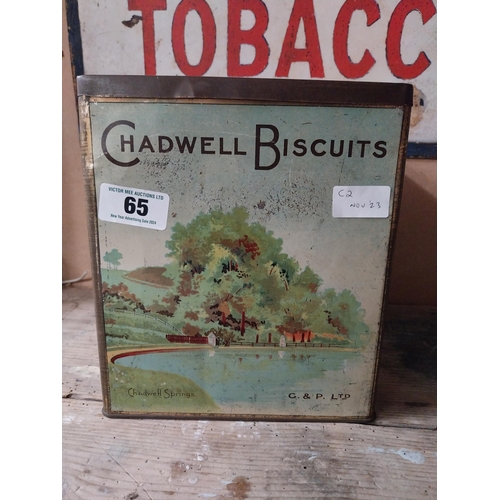 65 - Chadwell Biscuits pictorial advertising tin. {25 cm H x 22 cm  W x 22 cm D}.