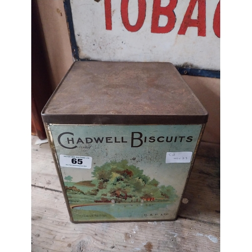 65 - Chadwell Biscuits pictorial advertising tin. {25 cm H x 22 cm  W x 22 cm D}.