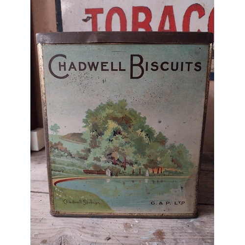 65 - Chadwell Biscuits pictorial advertising tin. {25 cm H x 22 cm  W x 22 cm D}.