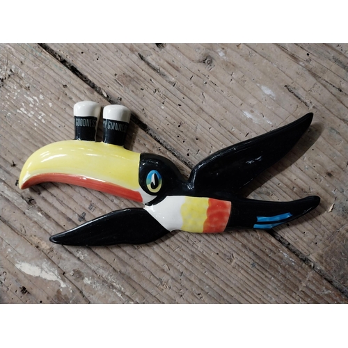 69 - Set of three ceramic Guinness Flying Toucans. {16 cm H x 27 cm W and 8 cm H x 17 cm W}.