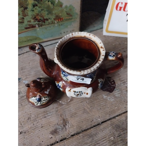 74 - 19th C. ceramic barge teapot. {19 cm H x 21 cm W x 13 cm D}.