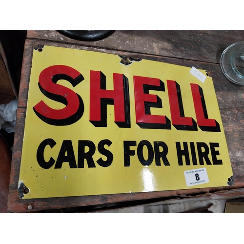 8 - Shell Cars For Hire enamel advertising sign. {38 cm H x 24 cm W}.