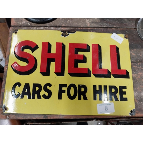 8 - Shell Cars For Hire enamel advertising sign. {38 cm H x 24 cm W}.