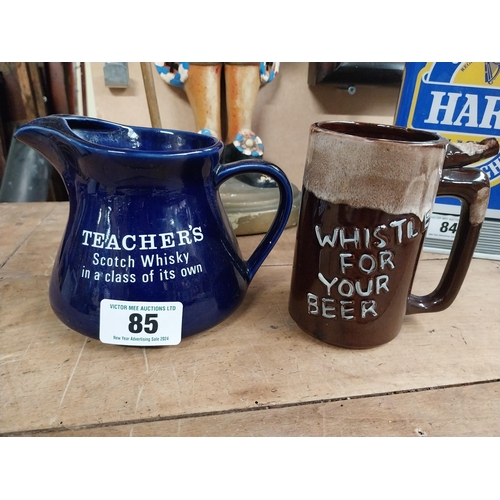 85 - Teachers Scotch Whiskey ceramic water jug {12 cm H x 18 cm W x 13 cm W} and Whistle for you Beer Mug... 