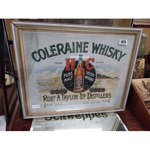 874 - Coleraine Whisky framed advertising print. {46 cm H x 63 cm W}.