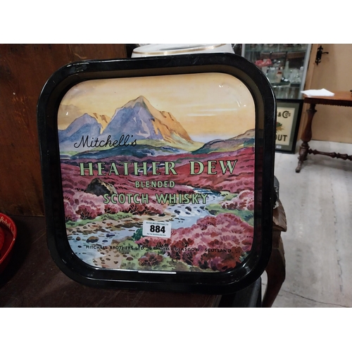 884 - Mitchell's Heather Dew Blended Scotch Whisky tin plate advertising tray. {36 cm H x 36 cm W}.