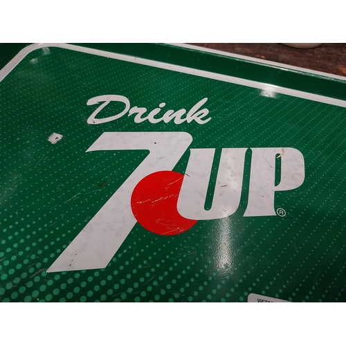 9 - 7 UP tin plate tray {30 cm H x 42 cm W} and Watney's Beer tin plate tray {32 cm Dia.}.