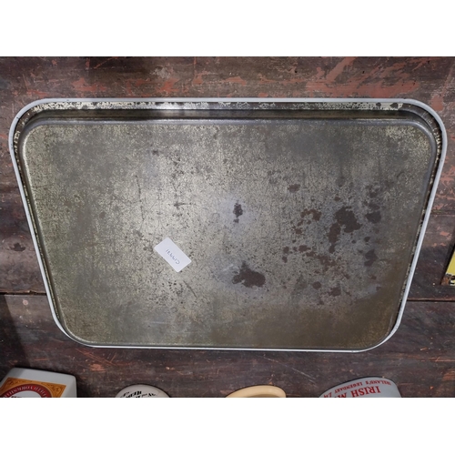 9 - 7 UP tin plate tray {30 cm H x 42 cm W} and Watney's Beer tin plate tray {32 cm Dia.}.