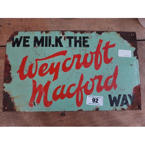 92 - We Milk The Weyford Mackford Way enamel advertising sign. {23 cm H x 33 cm W}.