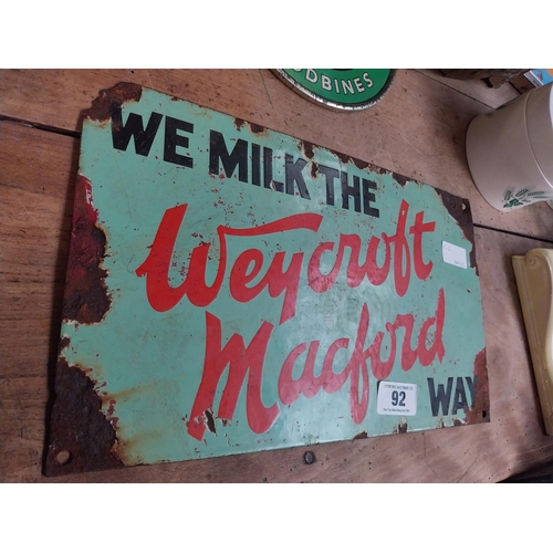 92 - We Milk The Weyford Mackford Way enamel advertising sign. {23 cm H x 33 cm W}.