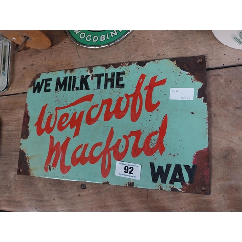 92 - We Milk The Weyford Mackford Way enamel advertising sign. {23 cm H x 33 cm W}.