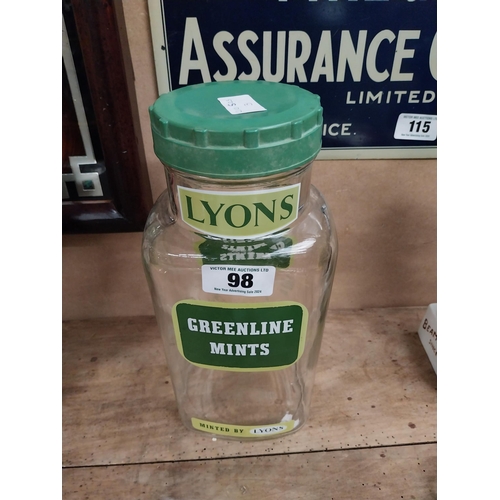 98 - Lyons Greenline mints glass sweet jar. {31 cm H x 14 cm W  x 10 cm D}.