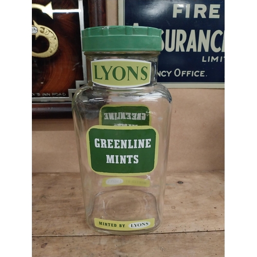 98 - Lyons Greenline mints glass sweet jar. {31 cm H x 14 cm W  x 10 cm D}.