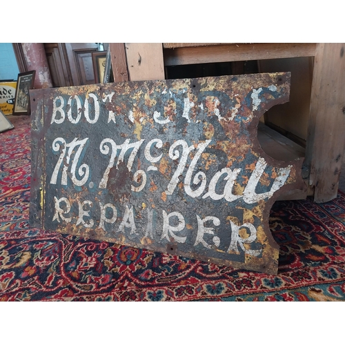 100A - Early 20th C. McNally Boot & Shoe repairer enamel advertising sign {38 cm H x 66 cm W}.