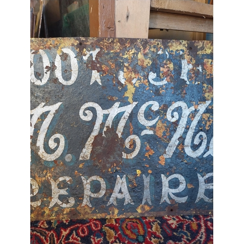 100A - Early 20th C. McNally Boot & Shoe repairer enamel advertising sign {38 cm H x 66 cm W}.