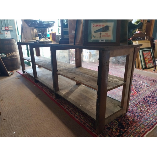 150A - Early 20th C. painted pine shop counter with glass panels {85 cm H x 275 cm W x 62 cm D}.