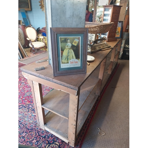 150A - Early 20th C. painted pine shop counter with glass panels {85 cm H x 275 cm W x 62 cm D}.