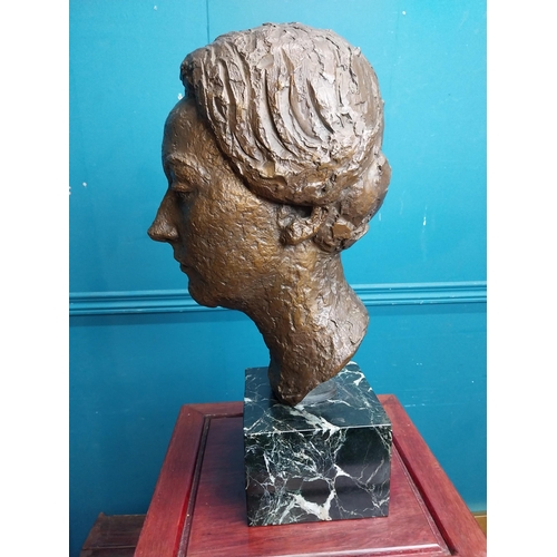 11 - 20th. C. Irish school bronze bust of a Lady mounted on a marble base. { 45cm H X 20cm W X 24cm D }.