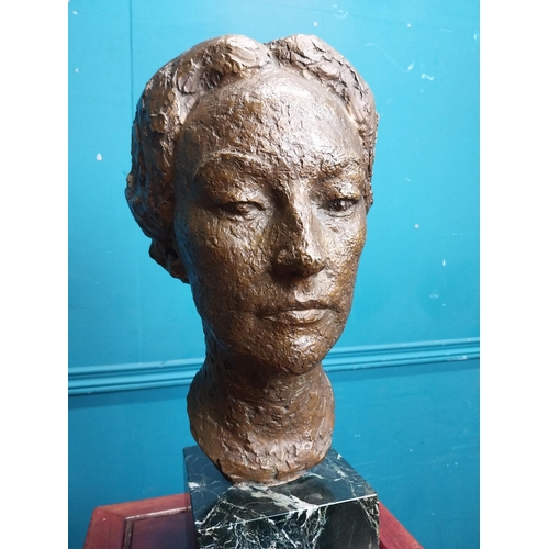 11 - 20th. C. Irish school bronze bust of a Lady mounted on a marble base. { 45cm H X 20cm W X 24cm D }.