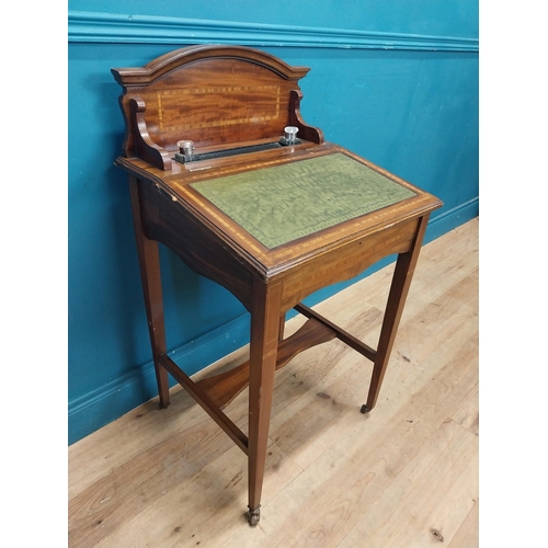 12 - Edwardian mahogany and satinwood ladies desk with inset leather top and lift up lid {97 cm H x 54 cm... 