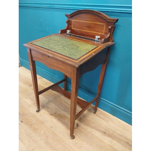 12 - Edwardian mahogany and satinwood ladies desk with inset leather top and lift up lid {97 cm H x 54 cm... 