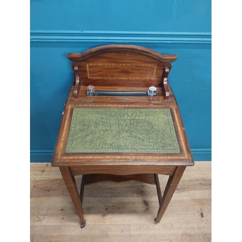 12 - Edwardian mahogany and satinwood ladies desk with inset leather top and lift up lid {97 cm H x 54 cm... 