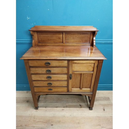 126 - Edwardian mahogany sideboard with five drawers and single door. {125 cm H x 95 cm W x 45 cm D}.