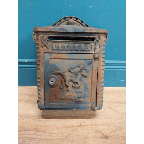 132 - Cast iron wall post box. { 36cm H X 39cm W X 14cm D }.